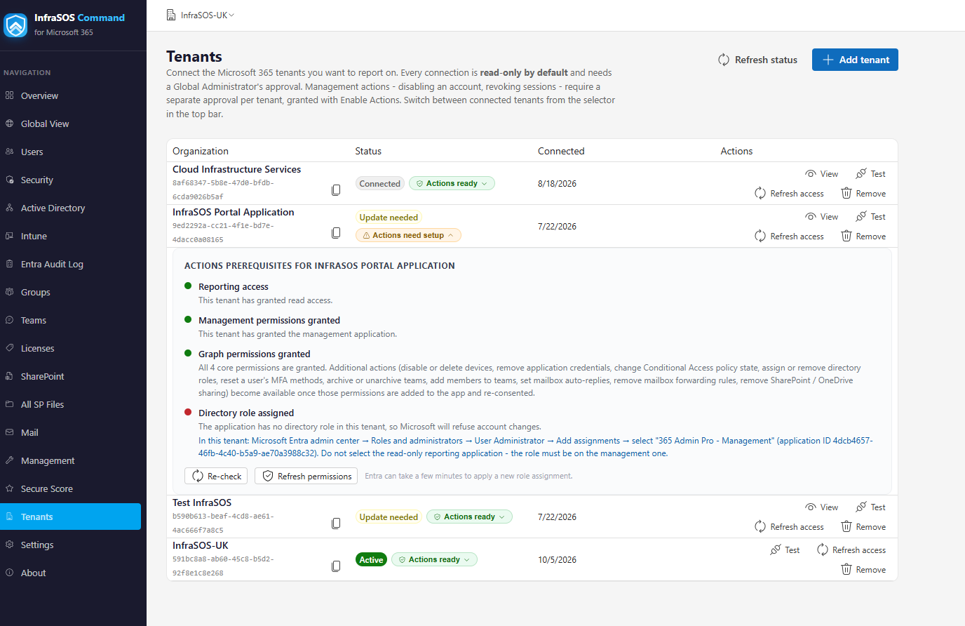 The Tenants page, where tenants are connected and management is enabled